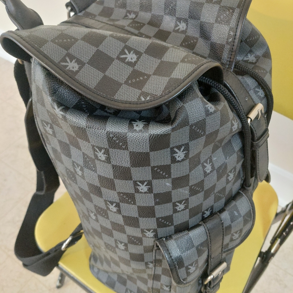 EGARA Vintage Leather Trim Monogram Backpack Checkered Black and Gray